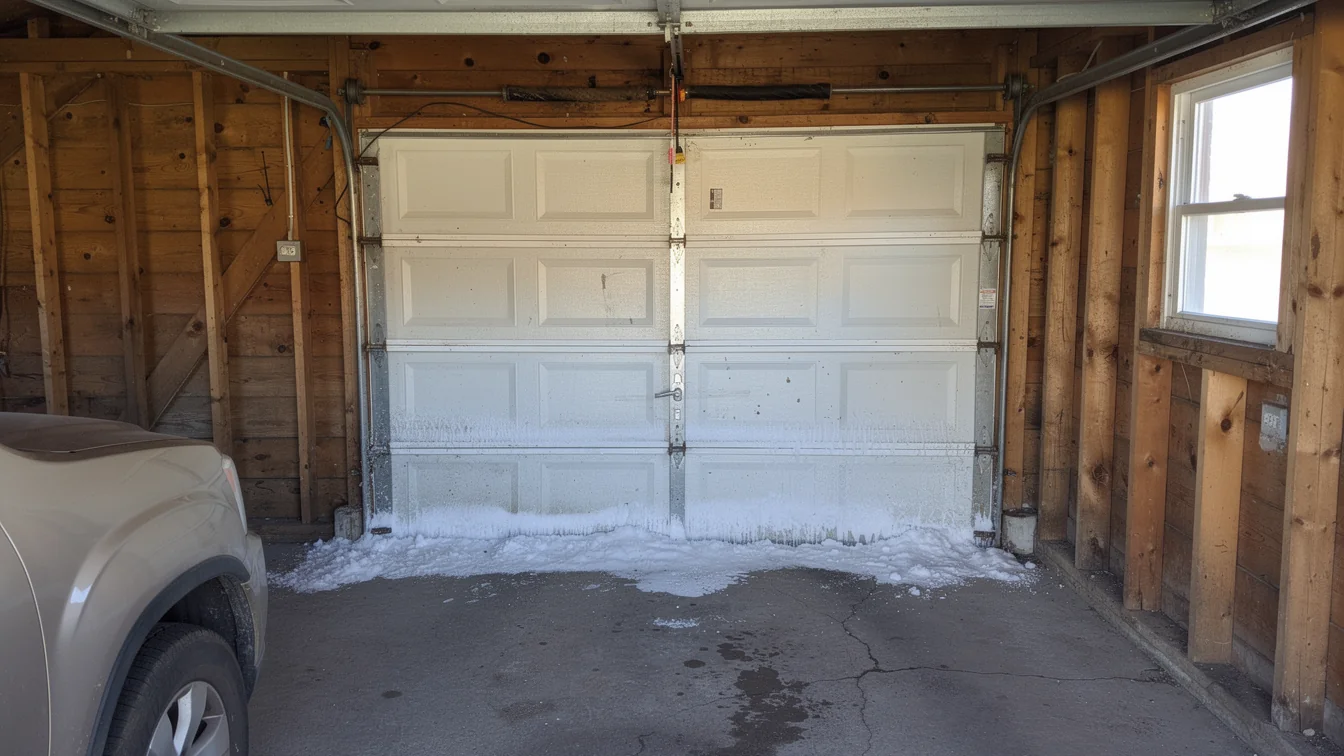 The white garage door has snow and ice along its bottom edge.