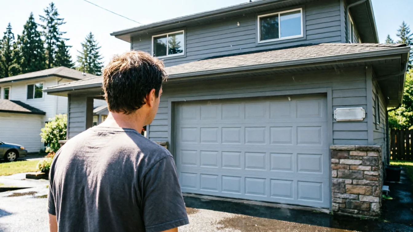 A man looks at a gray garage door on a gray house.