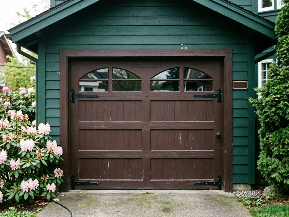 A brown garage door with arched windows is set in a green garage.