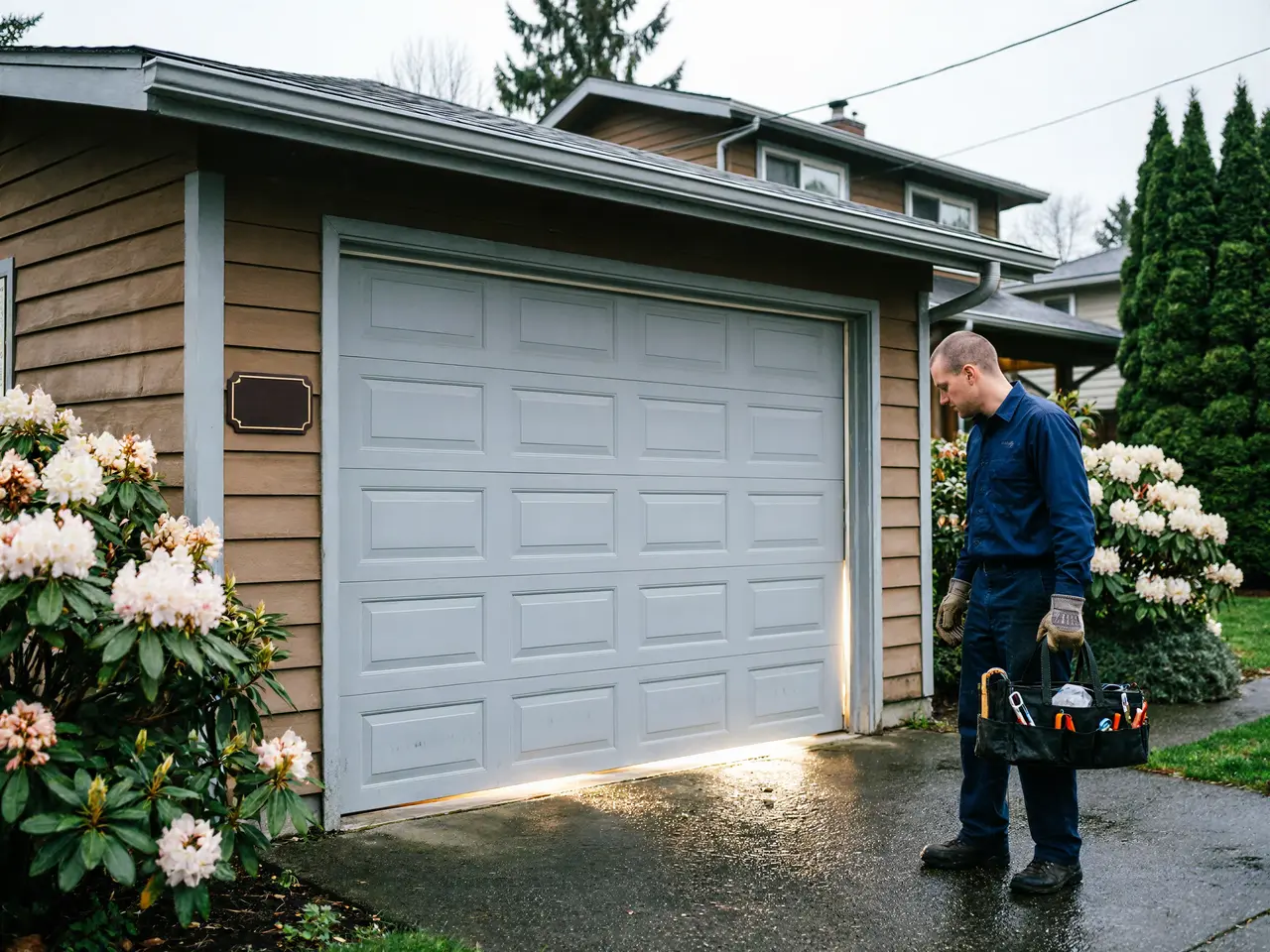 A technician with a toolbox stands in front of a partially open garage door.