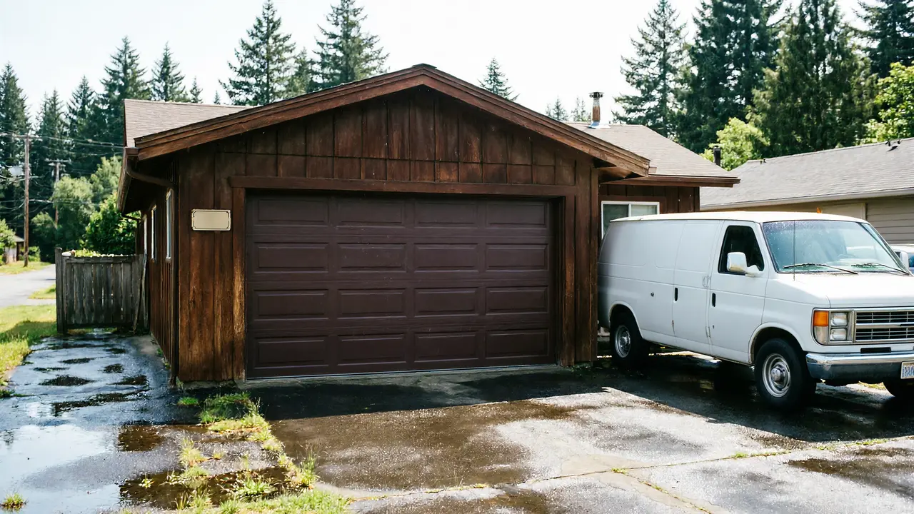 Installer replacing the gray door of a detached garage in light snow