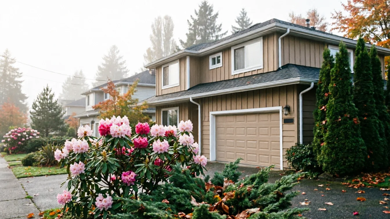 A tan house with a matching garage door is surrounded by colorful bushes and trees.