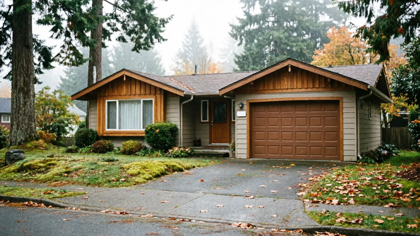 A brown garage door is on a light brown house with a brown roof.