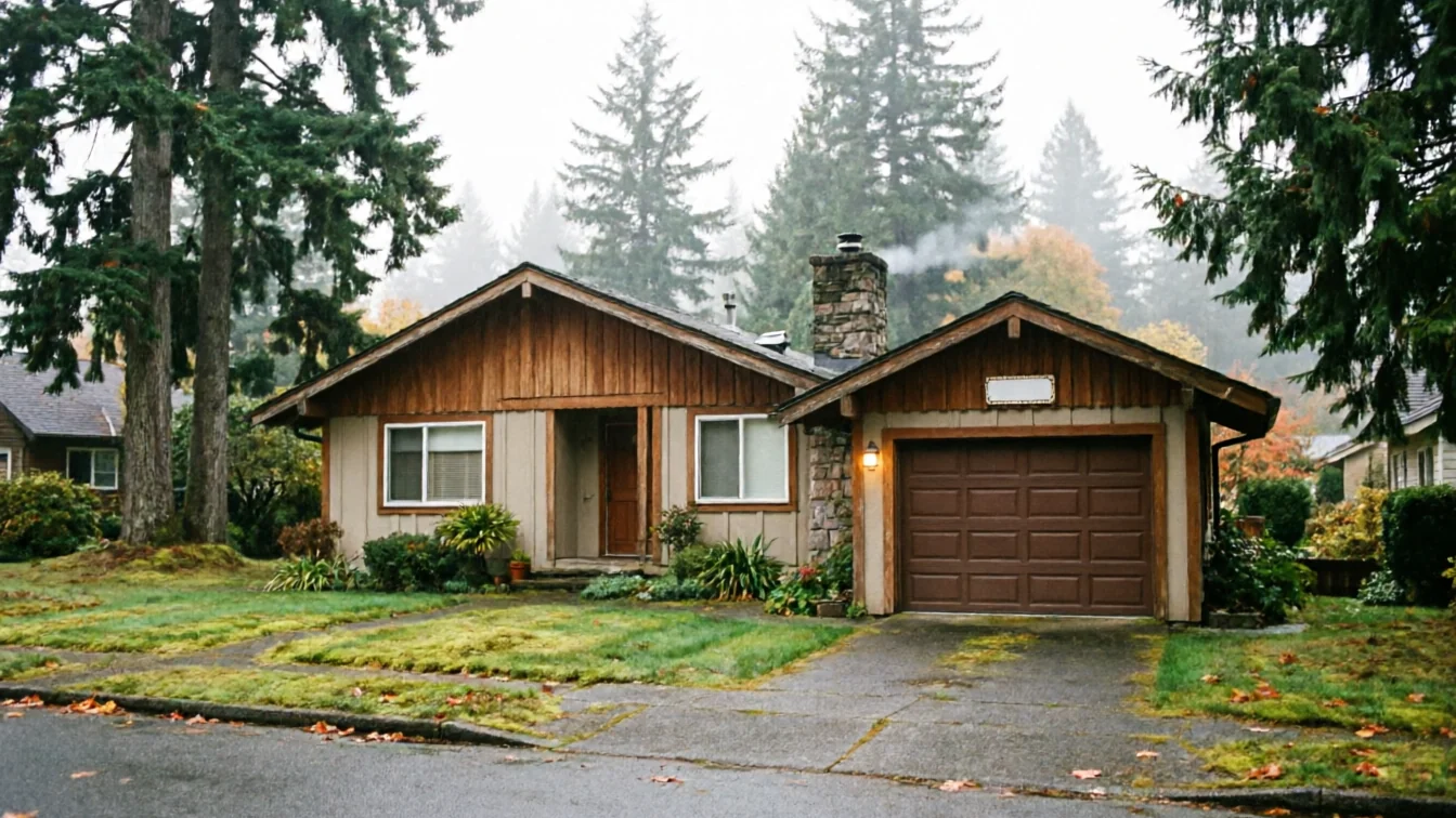 A brown garage door on a house with a brown and tan exterior.