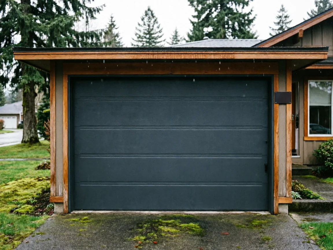A dark gray garage door with horizontal panels on a brown house.