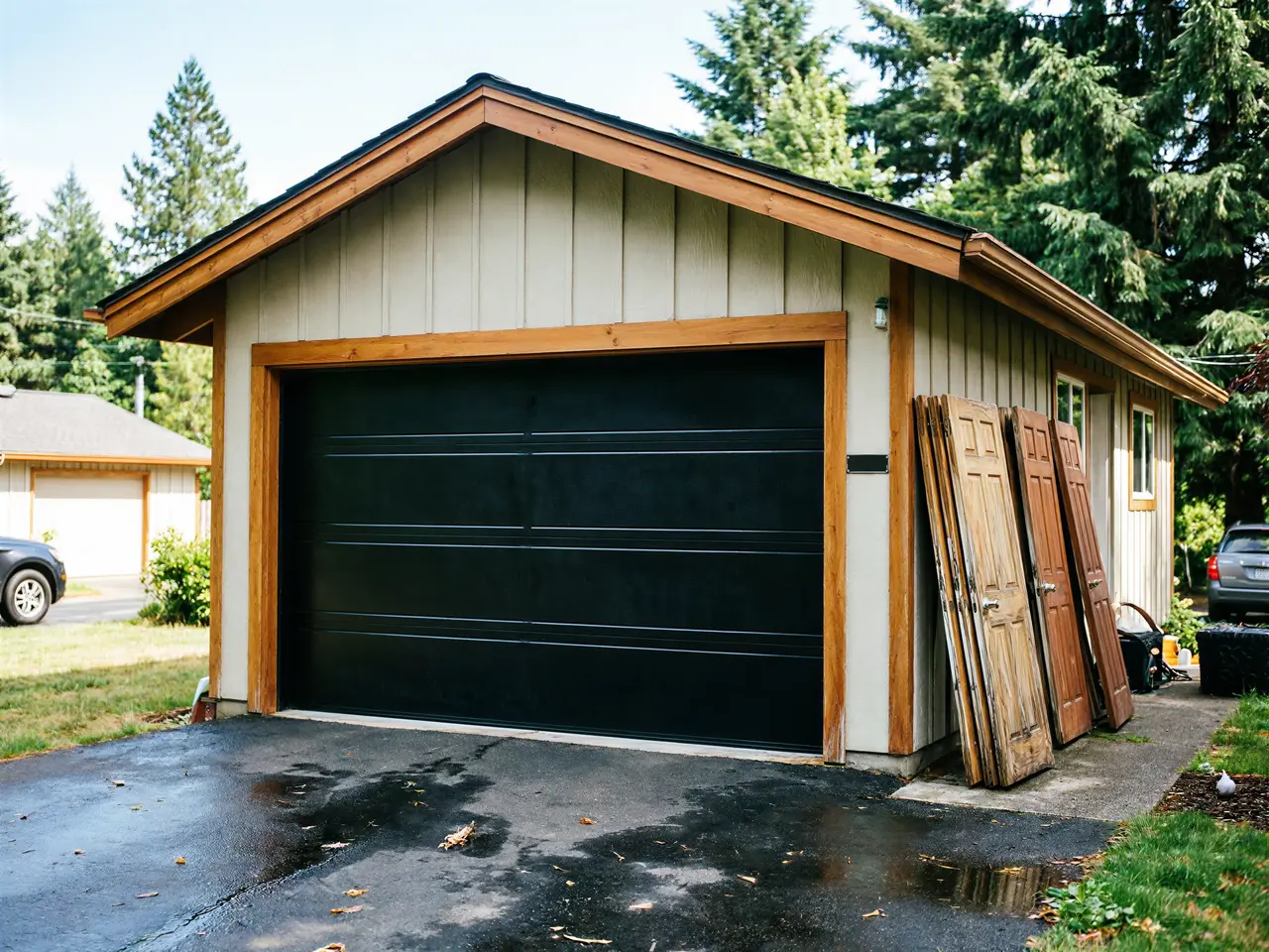 A black garage door on a light-colored garage with wooden trim.