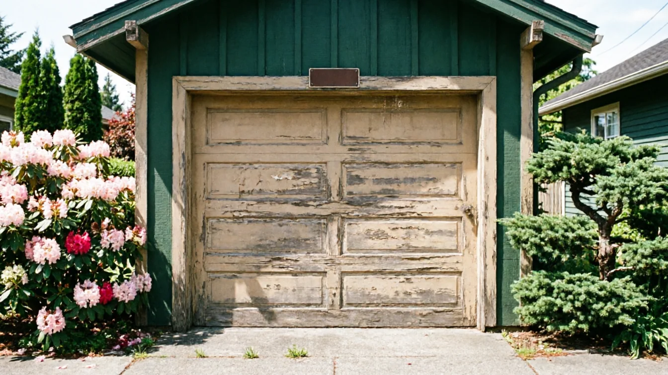 A peeling garage door is on a green garage with flowering bushes.