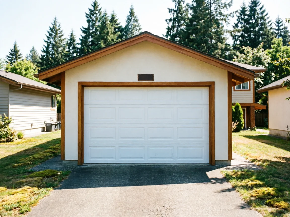 A white garage door with brown trim is on a light-colored garage.