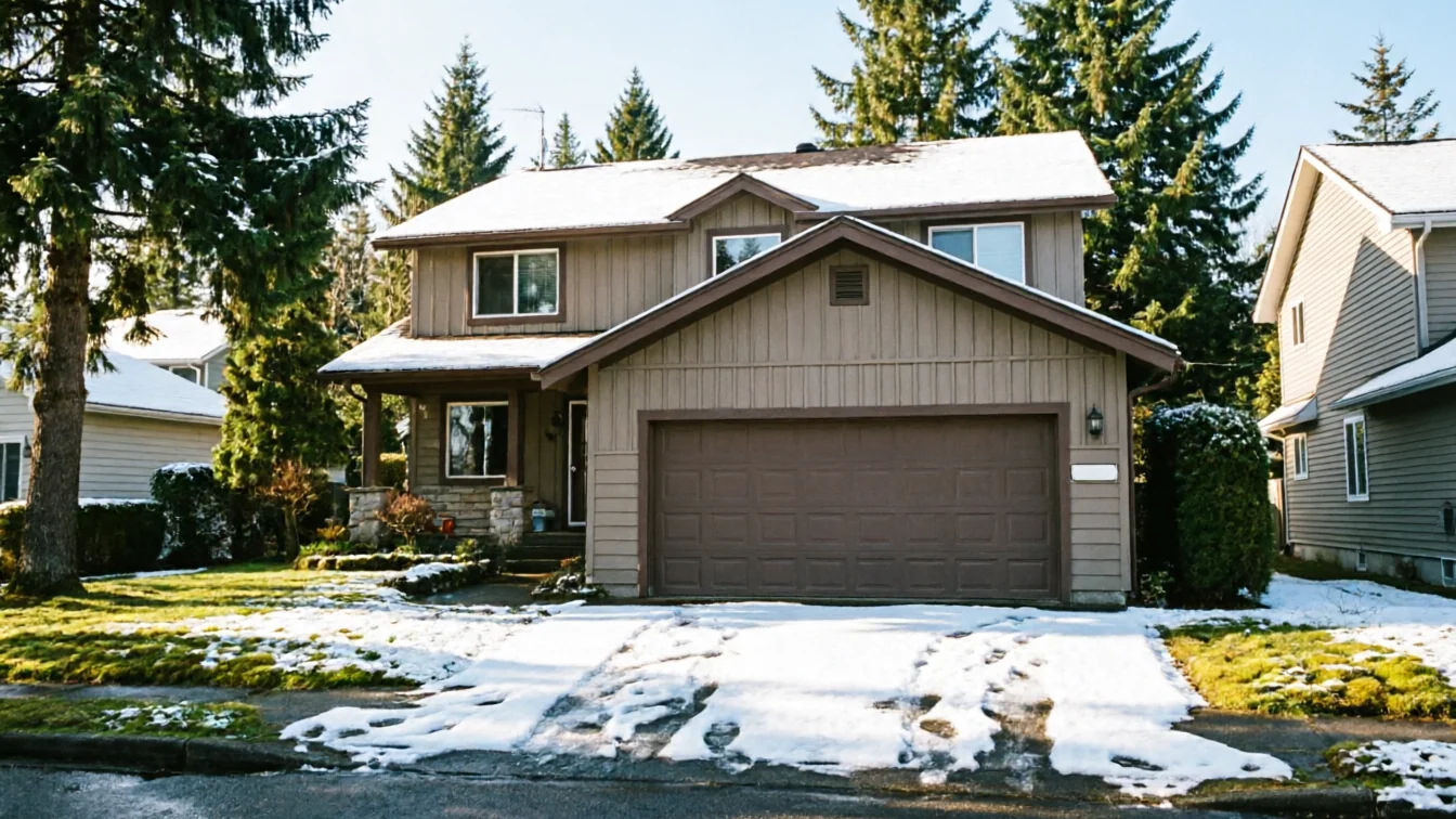 A brown house with a brown garage door and snow on the roof and driveway.