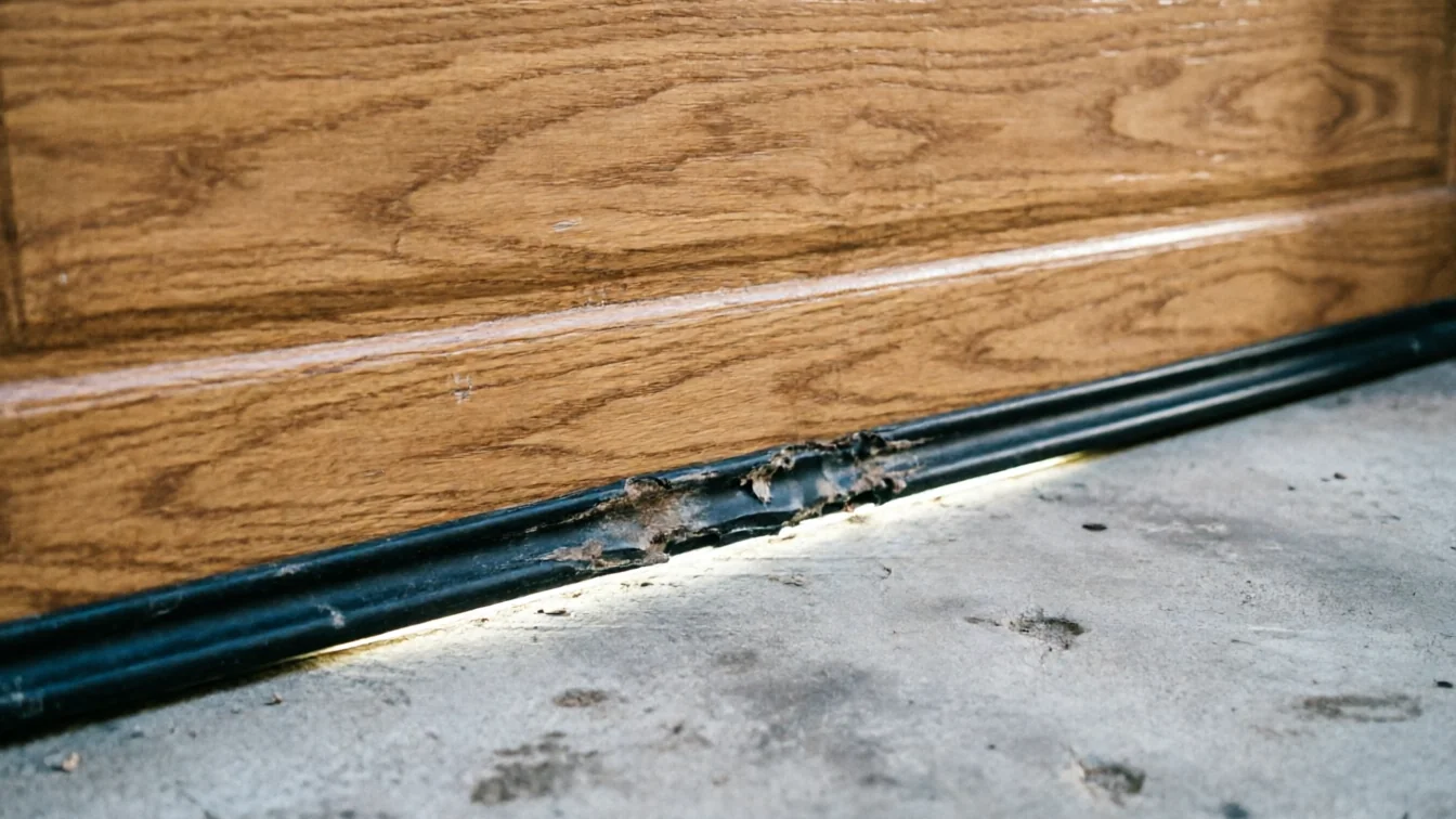 The bottom of a wooden garage door has a damaged weather seal.