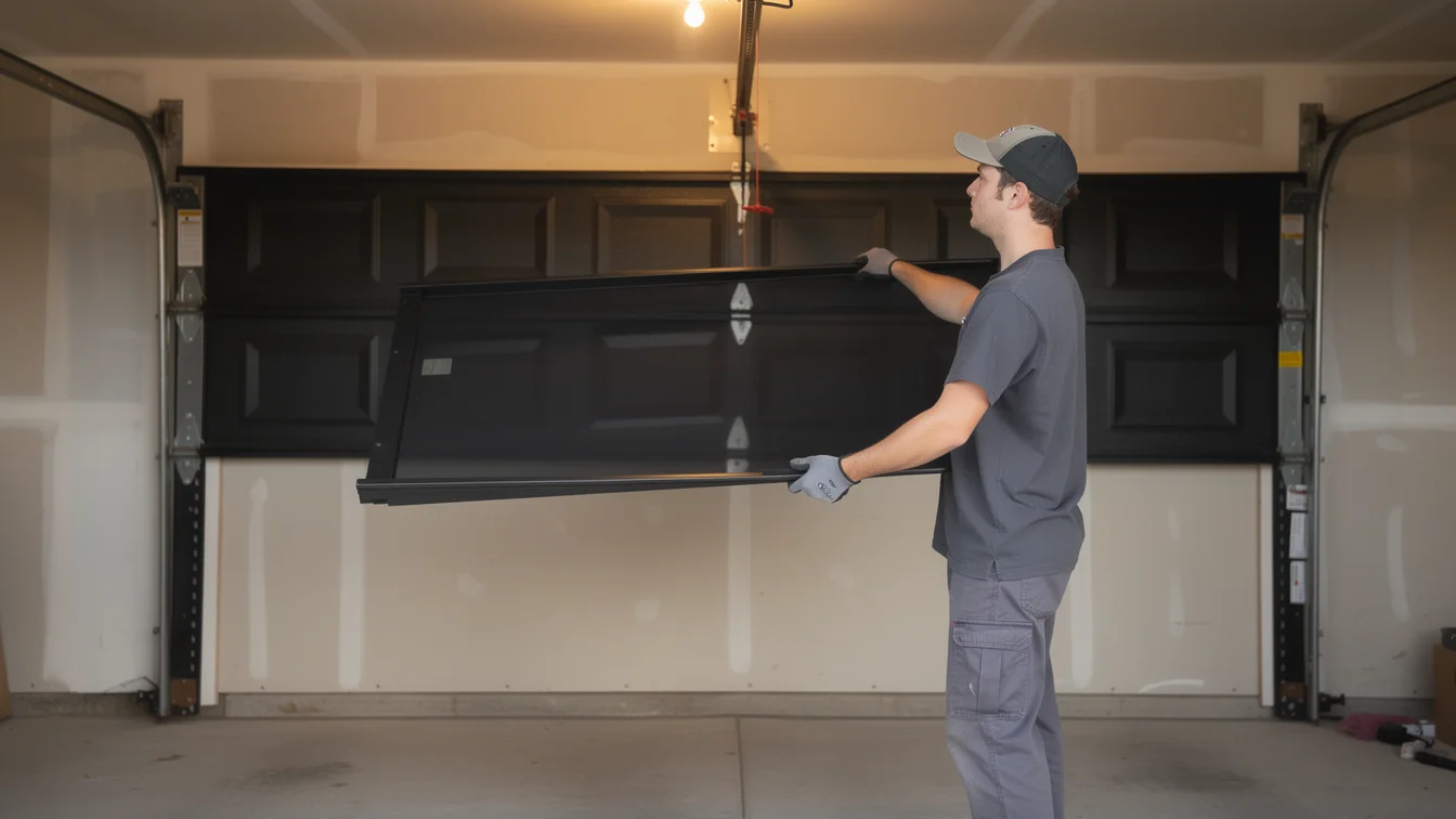 A technician in a gray shirt and hat holds a black garage door panel.